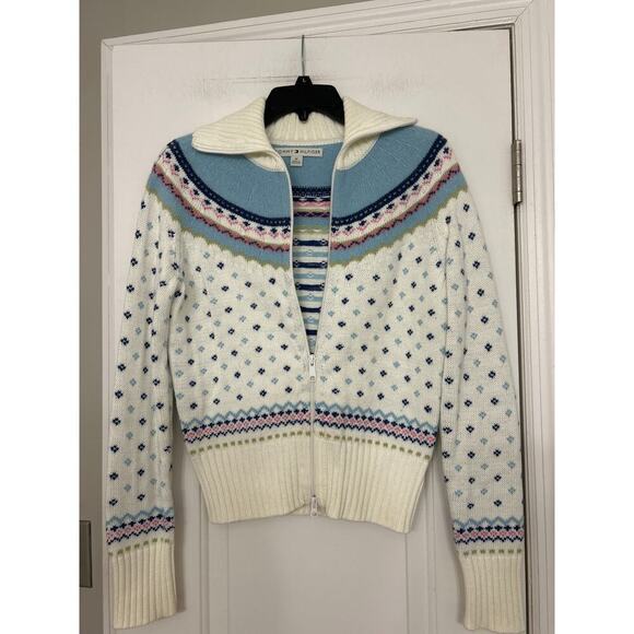 Tommy Hilfiger Wool Cotton Blend Cream Nordic Fair Isle Full Zip Sweater Medium - Picture 3 of 13